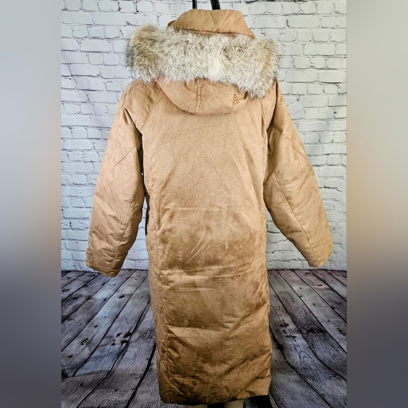 Cabela's Goose Down Faux Suede Long Coat Tan Size Large w/Removable Hood & Fur - Picture 7 of 8